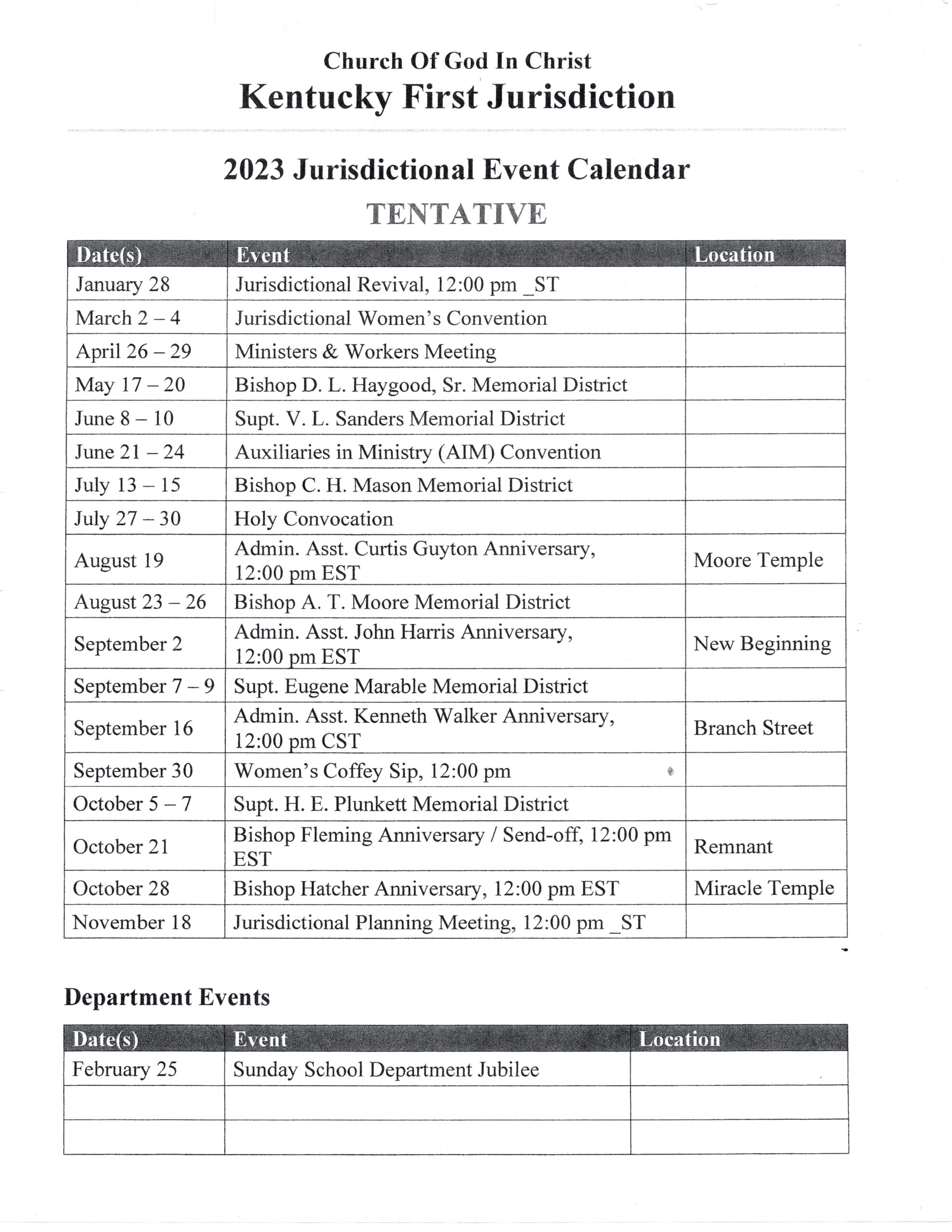 Jurisdictional Calendar Hope Temple COGIC